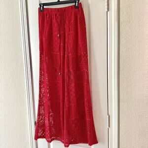 Universal Fashion Red Lace Wide Leg Pants W/ Shorts Boho Resort Large Festival